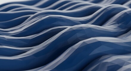 Naklejka premium Close-up, abstract three-dimensional rendering of smooth, undulating blue waves in a low-poly polygonal mesh pattern, suitable for background and design