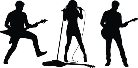 Silhouettes of rock band musicians, guitar players and female singer performing on stage, music concert illustration, isolated shadow figures design collection