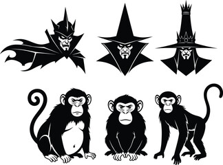 Evil wizard faces and monkey silhouettes illustration, fantasy characters, animal graphics, black vector icons for storytelling, mascot design, mythology art, and decoration themes