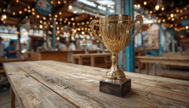 Gold trophy on rustic wooden table in a bustling cafe