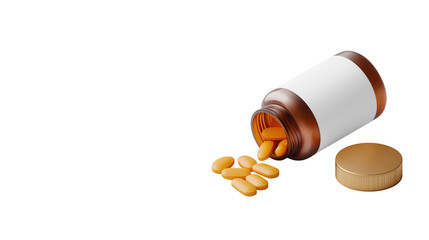 Amber pill bottle with scattered tablets spilled on white