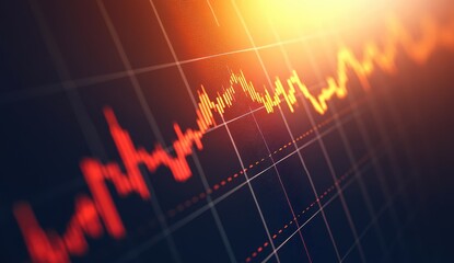 Close-up of a stock chart with red and yellow lines, grid, and bright highlights