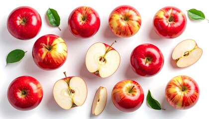 Overhead shot of vibrant red apples arranged on a white surface, with a mix of whole, halved, and sliced fruit. Green leaves are scattered throughout