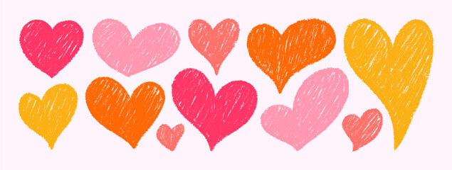 Crayon Doodle Hearts. Vector Chalk and Pencil Heart Shape in Pastel Color. Hand Drawn Love Icon Set in Kids Style for Web Design, Patterns, Logos, Valentines Day Cards