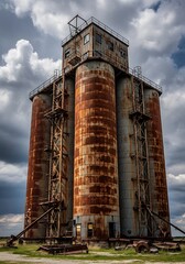 Old Rusty Grain Silos in Rural Landscape.