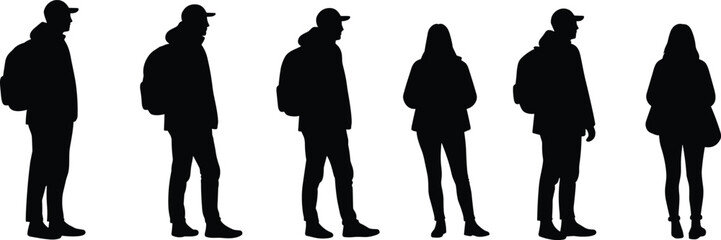 Silhouettes of young men and women with backpacks, casual students standing group, modern lifestyle people shadow, isolated illustration design