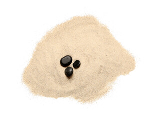 Light beach sand with black pebbles on white background