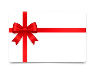 Blank gift card adorned with a large red bow and ribbon