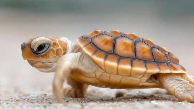 Close-up of a tiny sea turtle on a sandy beach.