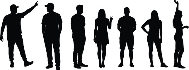 Silhouettes of young people standing, posing, showing gestures, diverse group of men and women, lifestyle, fashion, communication, teamwork, expression