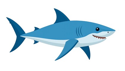 Obraz premium Cartoon illustration of a friendly blue shark swimming to the right against a white background