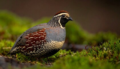 A close-up of a quail, showcasing its patterned feathers amidst green moss
