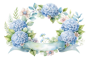 Beautiful watercolor wreath of blue hydrangeas and delicate flowers with a ribbon isolated on white background