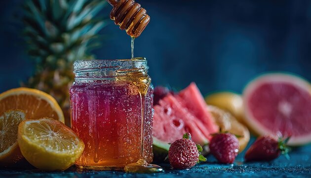 Honey drips into glass jar, surrounded by colorful fruits - Powered by Adobe