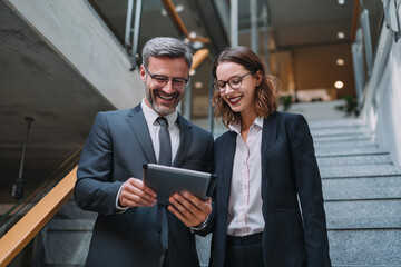 Smiling business colleagues using tablet together