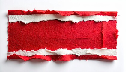 Rectangular, layered, red and white paper with rough edges, close-up on white