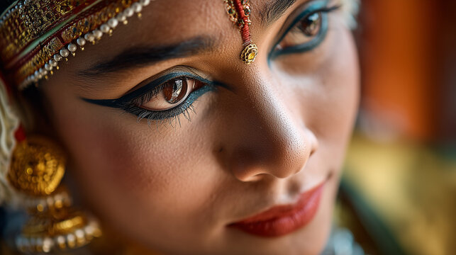 Close-Up of Beautiful Indian Woman with Traditional Makeup and Jewelry &ndash; Mysuru Dasara Festival Portrait Showcasing Karnataka Culture, Elegance, and Festive Spirit in India