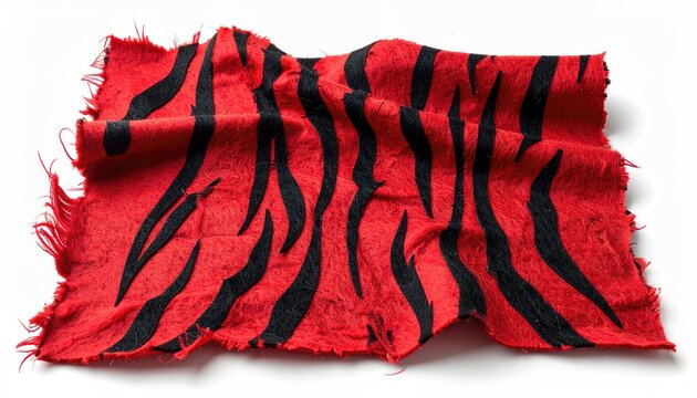 Close-up of a torn red textile featuring bold black stripes, laid on white
