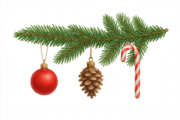 Pine branch decorating for christmas, featuring a red ball ornament, natural pine cone, and striped candy cane