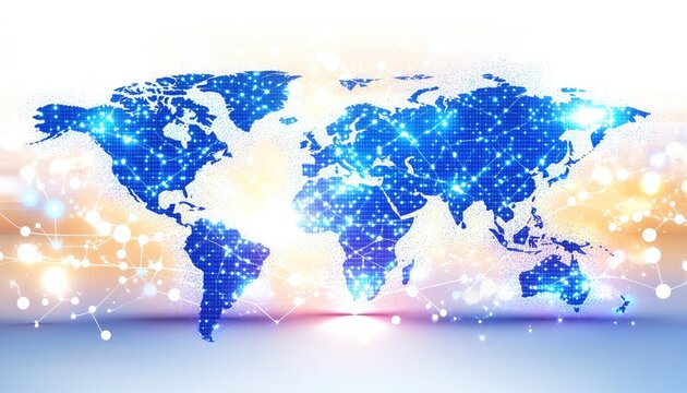 Global network map, glowing blue world outline with light effects