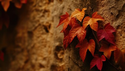 Autumnal ivy clings to a weathered stone wall