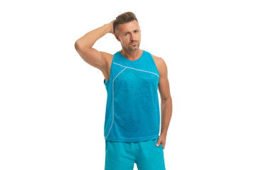 Sport and fitness trainer. Mature man in sportswear. Fit and active man workout isolated on white. Sporty man do sport. Fitness sportswear for man. Active and healthy lifestyle