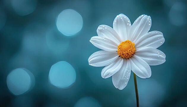 Close-up of a single, white daisy with dew drops, against a teal bokeh background