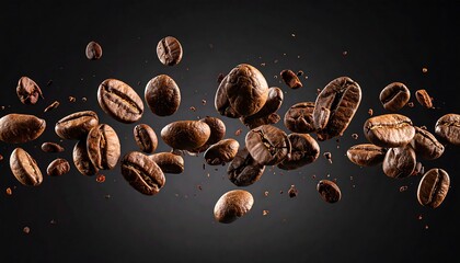 An action shot capturing several whole roasted coffee beans suspended mid-air, against a black background. The beans are textured, and vary in size