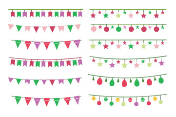 Multicolored Buntings Garlands PNG Transparent Background Decorative Flags for Greeting Cards and Invitation Designs Vector Illustration 