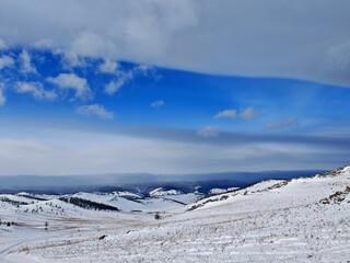 Tazhenranskaya steppe in winter on west coast of Lake Baikal, Siberia