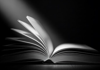 Monochrome contemplation: open book bathed in a focused light illuminates the secrets within its pages