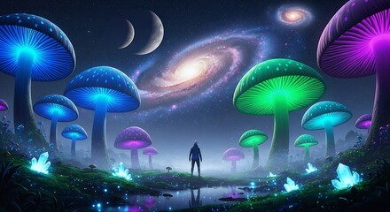 Bioluminescent mushrooms under a cosmic galaxy and moonlit sky with glowing crystals fantasy