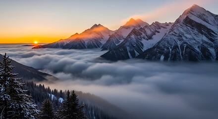 Majestic Mountain Sunset Through Clouds.