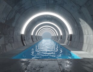 Futuristic concrete tunnel with a pool