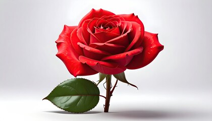 Isolated vibrant red rose with a green leaf, simple stem, and a soft, white background