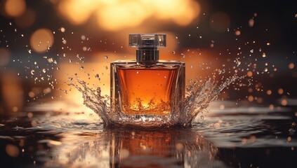 Amber perfume bottle, splashing water