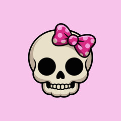 girly skull head, pastel pink background, polka bow, simple cute style, adorable spooky icon, playful halloween vector label