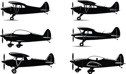 Vintage airplane silhouettes, retro aircraft collection, black and white aviation design, classic planes illustration, propeller flight vector, old transport graphic set