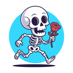cheerful skeleton with rose, blue circle background, dynamic stride, romantic spooky vibe, fun halloween mascot, cartoon vector artwork