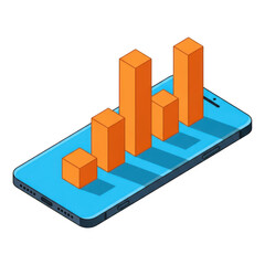 Isometric orange bar chart graph rising on a blue smartphone screen isolated on transparent background