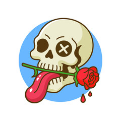Skull with crossed eyes and long tongue, red rose accent, edgy horror sticker design, bold halloween vector