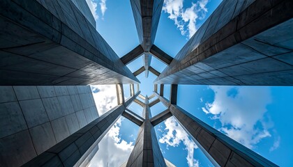 Angular architecture against a bright sky. Concrete structures converge upwards, forming a central opening. Bright blue sky with fluffy clouds