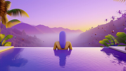 A person relaxing in an outdoor infinity pool surrounded by tropical jungle, soft morning mist rising, turquoise water reflecting golden sunrise, tranquil mood, wide panoramic shot from behind, sense 