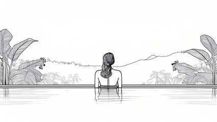 A person relaxing in an outdoor infinity pool surrounded by tropical jungle, soft morning mist rising, turquoise water reflecting golden sunrise, tranquil mood, wide panoramic shot from behind, sense 