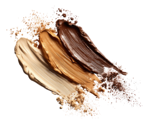 Swirls of three different shades of makeup, a light beige, medium brown, and dark brown, contrasted against a transparent background