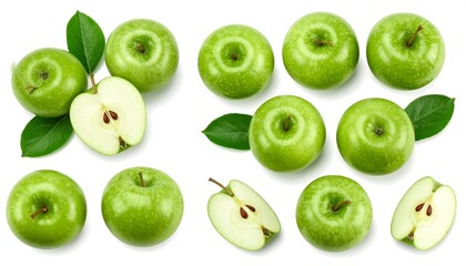 Overhead shot showcases several vibrant green apples, whole and sliced, alongside fresh green leaves on a white background