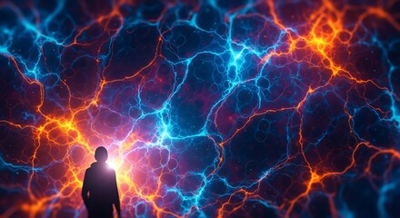 Silhouette of a person against a vibrant, energetic background of abstract cosmic lightning energy power