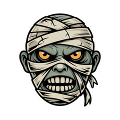 Furious mummy portrait, green skin peeking, ripped wrappings, angry stare, vintage horror icon, spooky halloween vector illustration