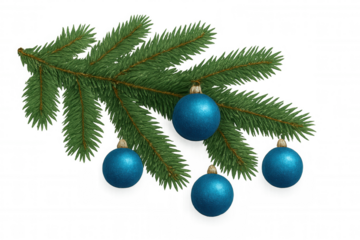 Fir branch decorating with blue christmas baubles, celebrating winter holidays and festive seasonal traditions