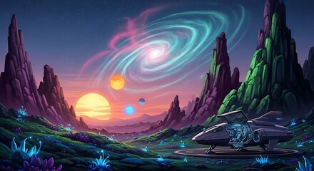 Obraz premium Spaceship landed on alien planet with colorful rock formations, multiple suns and swirling galaxy science fiction